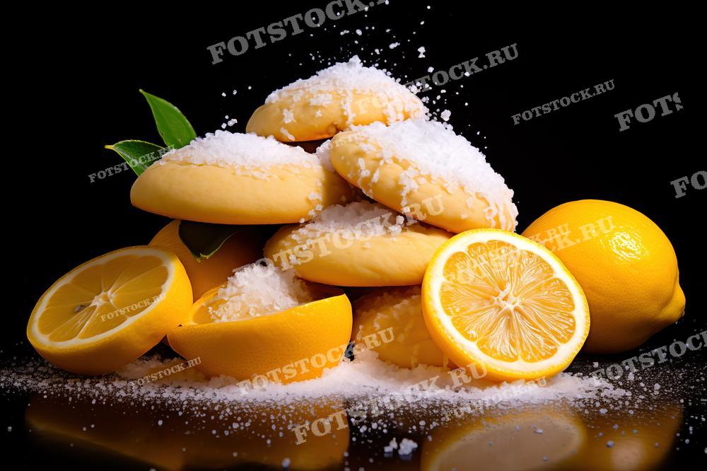 Фотография демонстрирует стопку лимонного печенья, посыпанного сахаром, на черном фоне. Рядом с печеньем лежат свежие лимоны, некоторые из которых разрезаны пополам. Изображение передает свежесть и аппетитность домашней выпечки с цитрусовыми нотками.